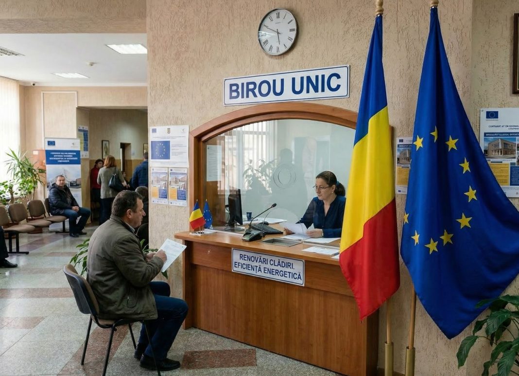 Imaginea unui birou unic dedicat renovării clădirilor pentru creșterea eficienței energetice. Imagine generată cu AI Gemini Nano Banana