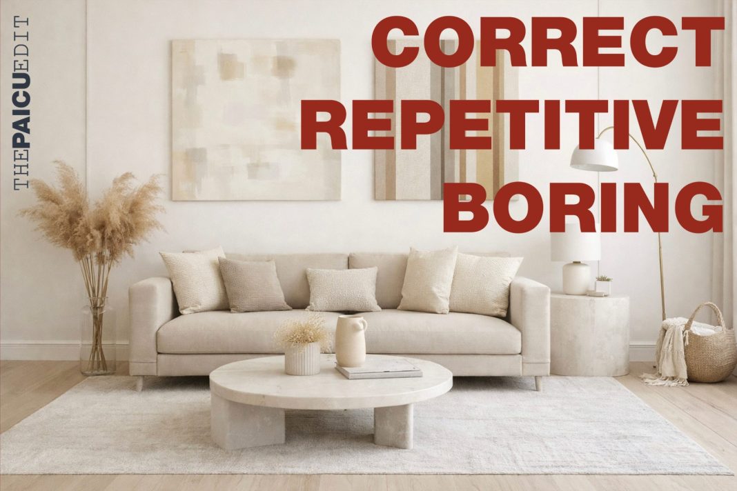 Living în nuanțe de bej. Pe poză scrie în engleză Correct Repetitive Boring