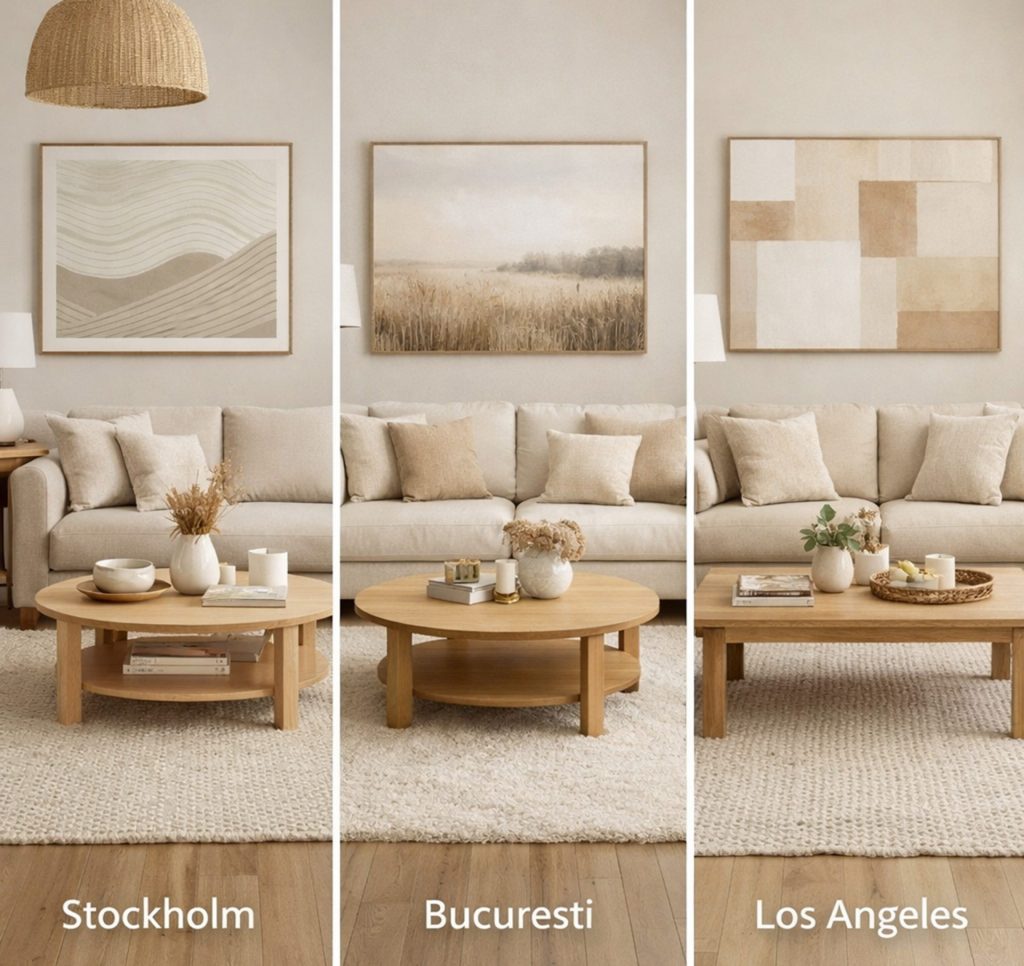 Mobilă în tonuri de bej, copiată oeste tot în lume. Imaginea împărțită în trei coloane, fiecare e marcată cu numele unei metropole: Stockholm, București, Los Angeles